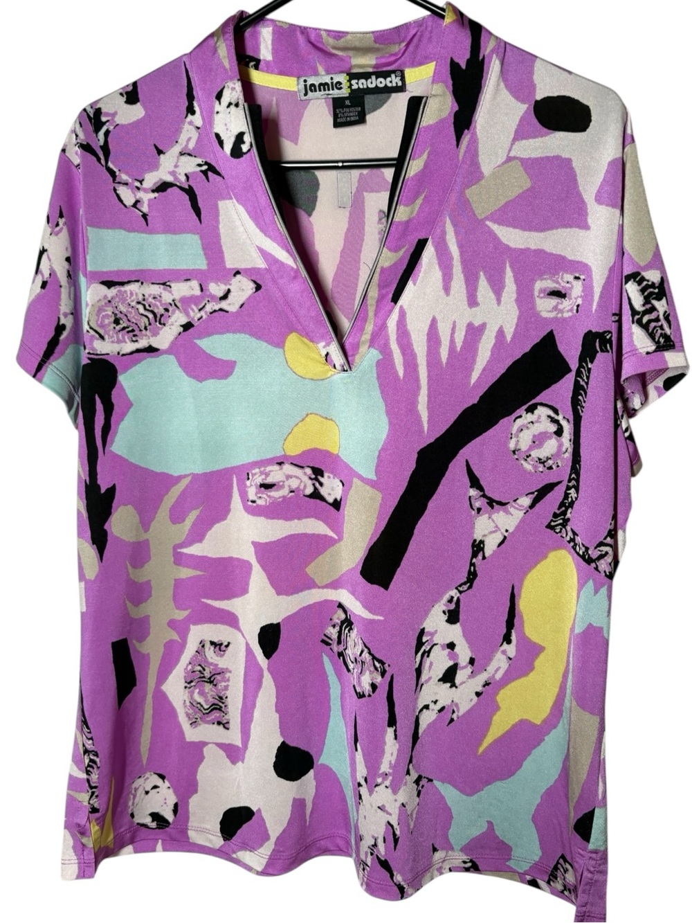 Jamie Sadock Purple Abstract Short Sleeve V-Neck Shirt XL